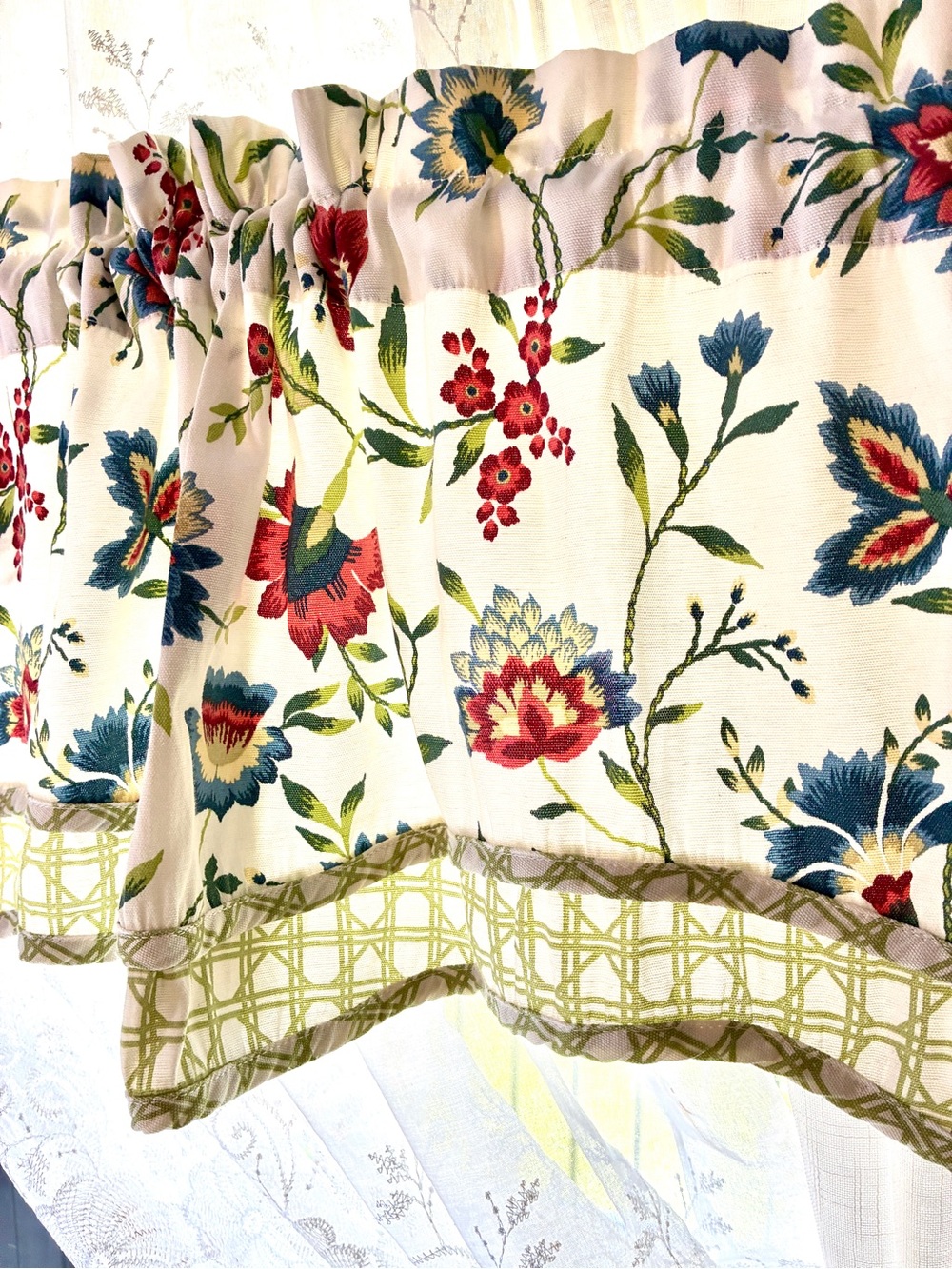 Waverly carolina crewel Floral Valance in Cream Blue, Red Green Accents 50” x 15